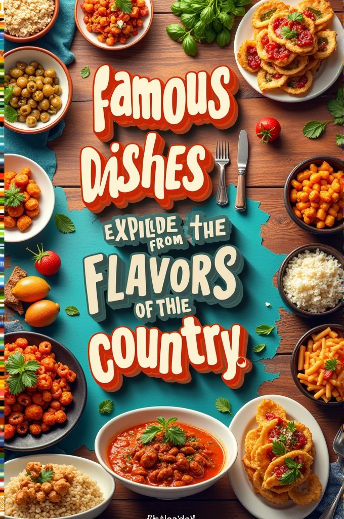 Create a 16:9 ratio YouTube thumbnail:

"Image: A collage of 10-15 small dishes from different countries (e.g. sushi from Japan, tacos from Mexico, pasta from Italy, etc.)
Text:
*Famous Dishes from Each Country*
*Explore the Flavors of the World!*
*Watch Now!*
[Use a bold, colorful font and add a fork and spoon icon to make it more eye-catching]"
