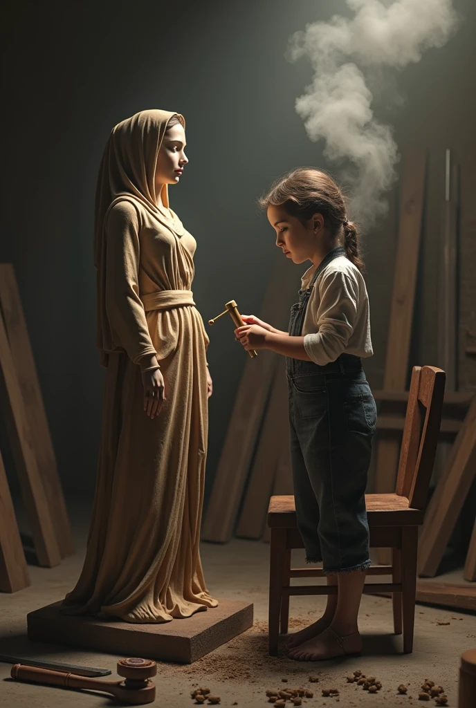 Une image réaliste, d'une grande précision, d'une jeune fille palestinienne, sculptant une statue de sa mère. Elle se tient debout sur une chaise, une chaise en bois, une statue de sa mère de la tête aux pieds, portant dans ses mains un petit marteau et. un clou sculptant, une statue de Complète, sa mère décédée lui manque, la tendresse de la maternité, le signe de tristesse et les larmes dans les yeux, l'éclairage doux au-dessus d'elle, la fumée dans la pièce et les outils de sculpture dans la pièce.