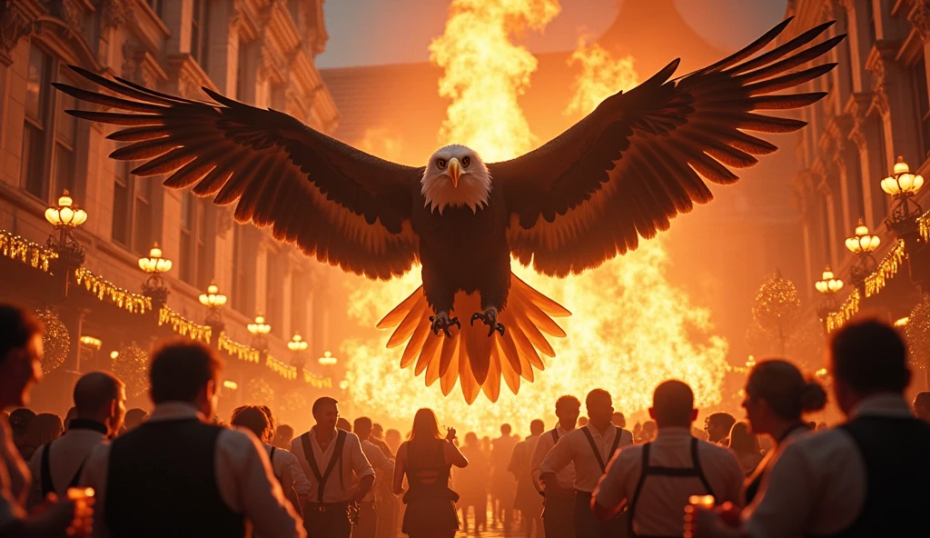 Eagle in fire with german dancing drinking beer in german cafe in fire octoberfest