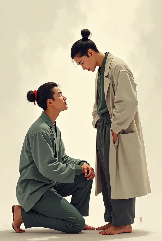 Open mouth men curiously knned himself to other chiness men who is standing up and facing him romenticaly
