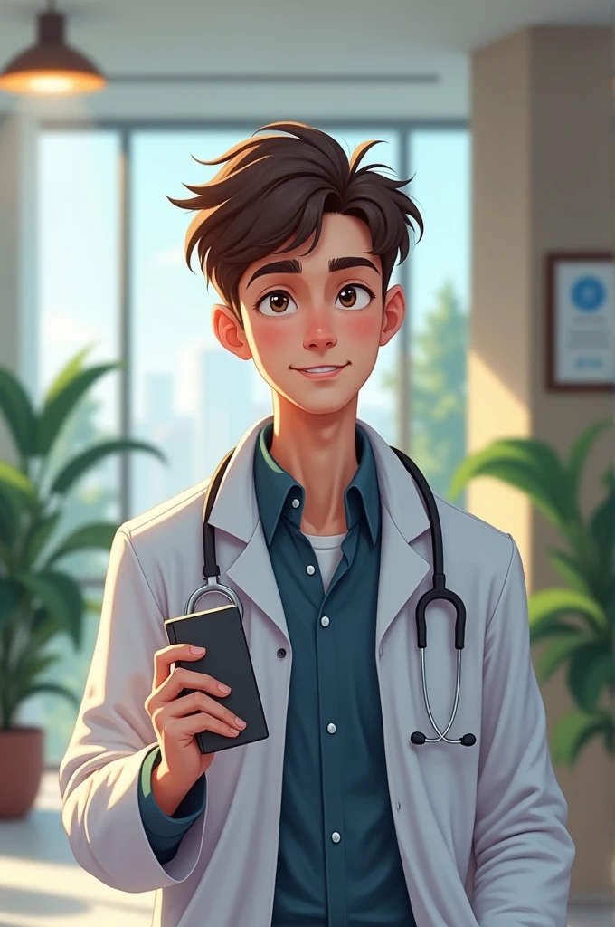 A guy in aesthetic college holding stethescope and coat