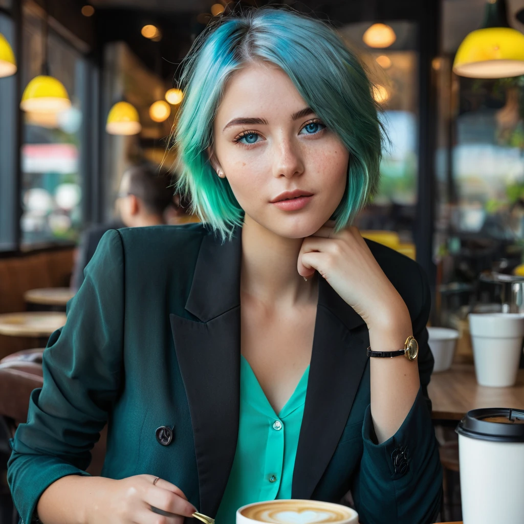 Woman 20 Years Old Nordic Ethnicity, short blue hair with a perfect face and light freckles, Blue-Green Eyes, NovaiBrew at a chic café, enjoying a coffee. The focus is on the coffee and her stylish outfit (((black blazer))) (((black blouse))), with the background slightly blurred to keep the attention on her. ((Color palette - turquoise, neon green, yellow shades))