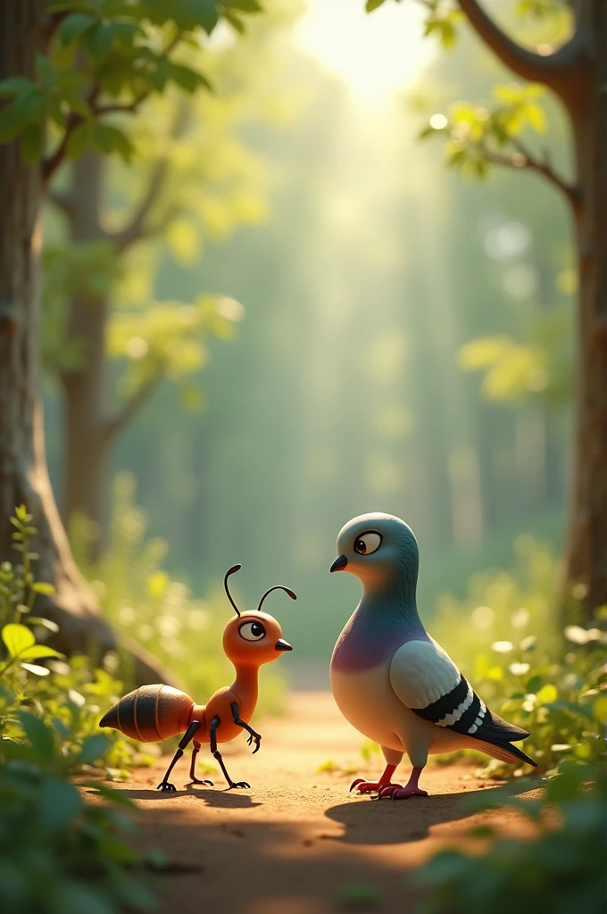 Need 3D animations style.Once upon a time, there lived an ant and a pigeon in the forest.
