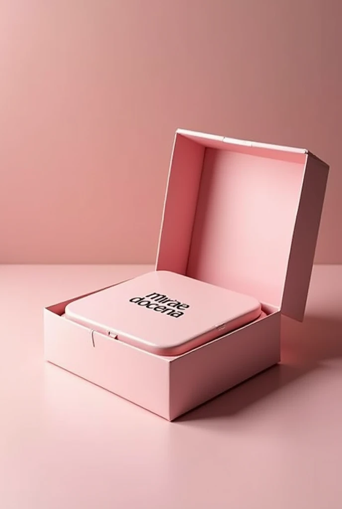 Create a square box with measurements 20×20×05, pink in color, with the name Mirâe Doceria, with a lid for a pie inside, leaving the lid upright at the back with cardboard material, with the pie inside, more resistant and chic cardboard packaging.