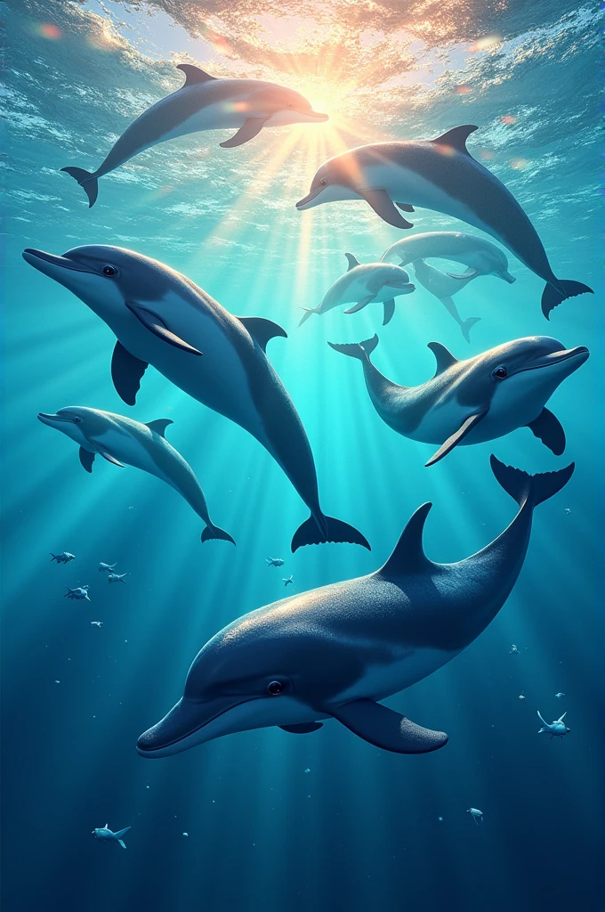 Image of dolphins in a sea full of color
