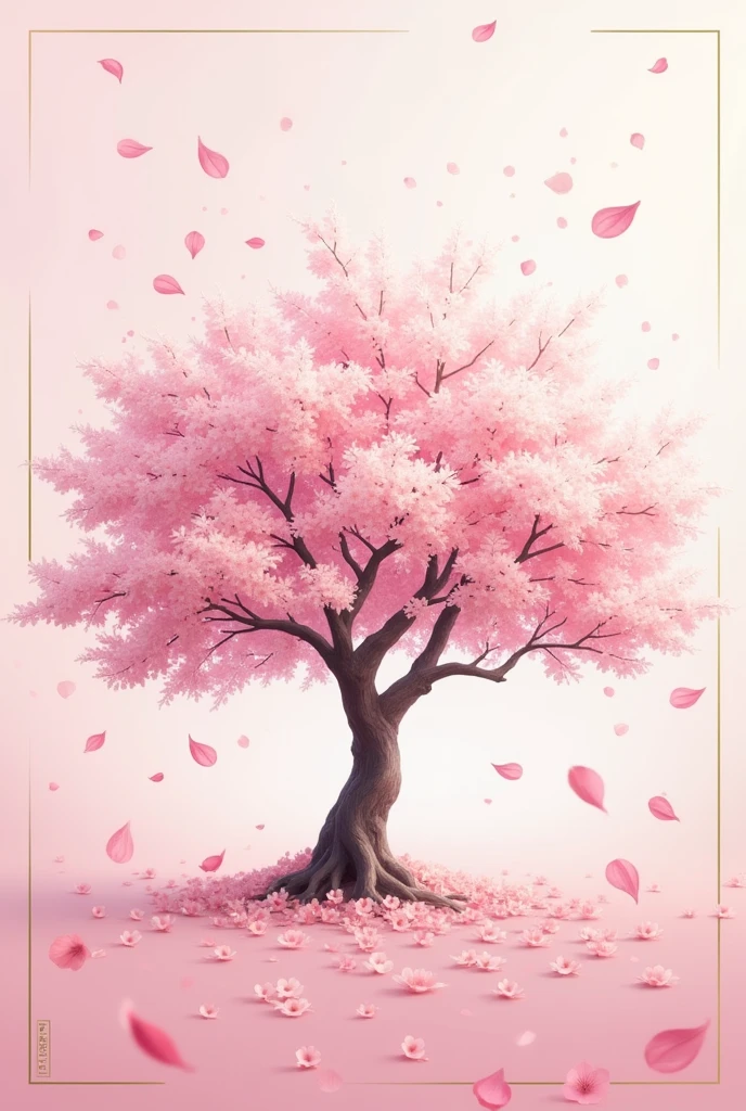 Imagine a rectangular flag with a soft light pink background. In the center, there's a large cherry blossom tree in bloom, with details in white and pink to add depth. Cherry blossom petals are scattered around the tree, some falling and others in motion, creating a dynamic effect. The petals vary in color from pale pink to deeper pink. The flag may have a thin outline in gold or silver to add an elegant touch.