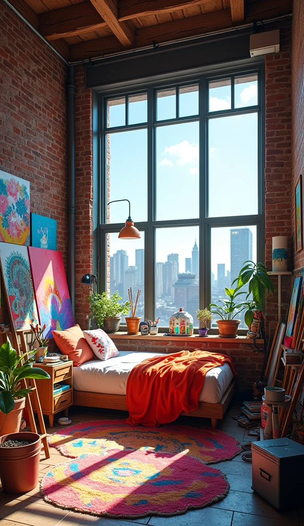 An eclectic bedroom in an artist's loft, with high ceilings, exposed brick walls, and large windows that flood the space with natural light. The room is filled with colorful canvases, paintbrushes, and creative chaos, while the view outside reveals an inspiring cityscape that sparks the imagination, perfect for a life dedicated to artistic expression.