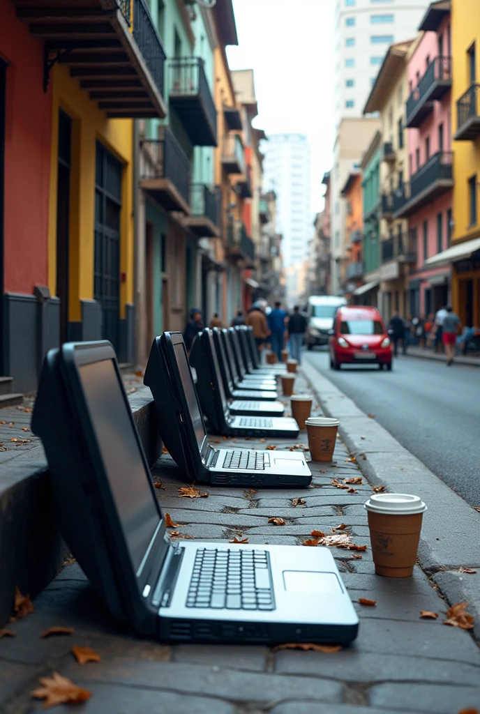 Make an image of several computers on a street in Bogotá. 