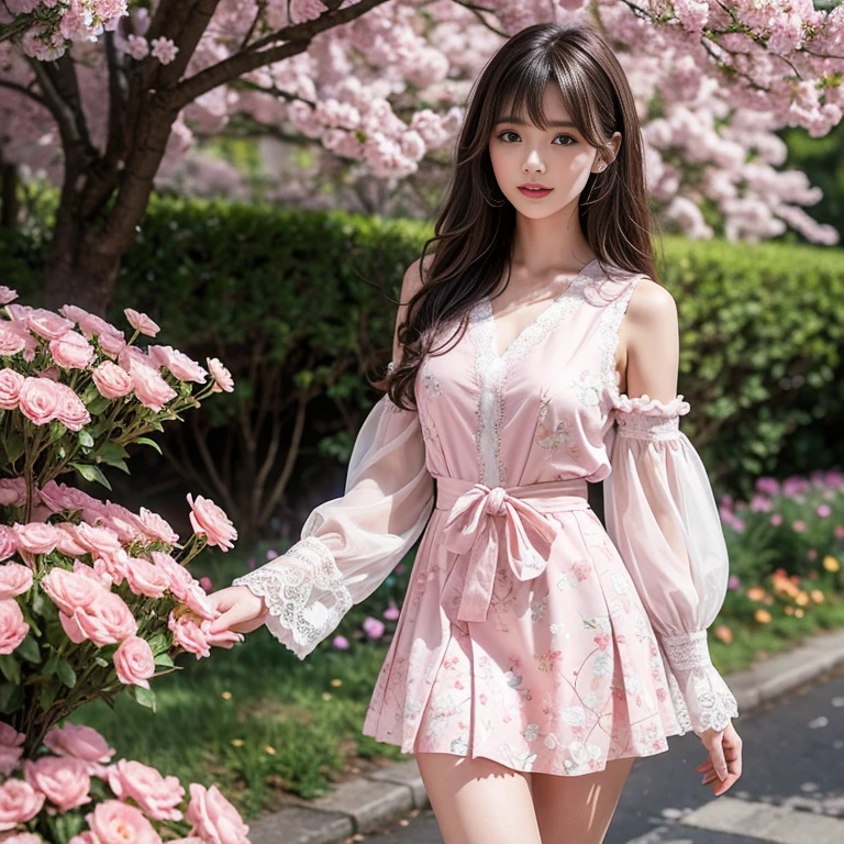 laughing out loud,(knee shot), 1 girl, On the face, light brown hair, blunt bangs, hair behind ears, Hair over the shoulders, long hair, Slender body type, Super thin face, face slimming, delicate lips, beautiful eyes, Thin blush, Eyes are light brown,Check it out here, (realistic:1.3), Standing next to a Japanese street, 8k, , Super detailed, high quality, best quality, High resolution, Full breasts, 3, The pattern design of the skirt is based on soft pink,Floral pattern in multiple colors。These floral patterns are mostly small flowers,spread over the entire skirt,Create a natural sense of randomness。Flower colors often include lavender、white and light green,The combination of these colors makes the whole look fresh and vibran like being in a sea of spring flowers。This kind of pattern design not only adds visual layering,,It also makes the skirt exude a romantic and feminine atmosphere.。 The pattern design of the patterned skirt is exquisite and artistic。The details of each flower are carefully drawn,The edges of the petals are soft,The center part often has a slight gradient color,This design makes the flowers look more three-dimensional,As if it can bloom at any time。Besides flowers,The skirt may also be embellished with tiny leaves and vines,The addition of these elements makes the overall pattern more vivid,Enhances natural ambience。The layout of the overall pattern is casual yet harmonious,Allowing the wearer to show confidence and elegance in any occasion。 design on design,This dress is so tailored,Taking full account of women’s body shape characteristics。The skirt has a slim fit on the upper body,The gathering effect of the chest can perfectly show the curves,And the lace decoration on the chest is combined with pink ribbon knot,Increased visual focus。The design of puff sleeves adds a bit of playfulness to the whole,This sleeve style is both fashionable and inclusive,Able to adapt to different arm lines。