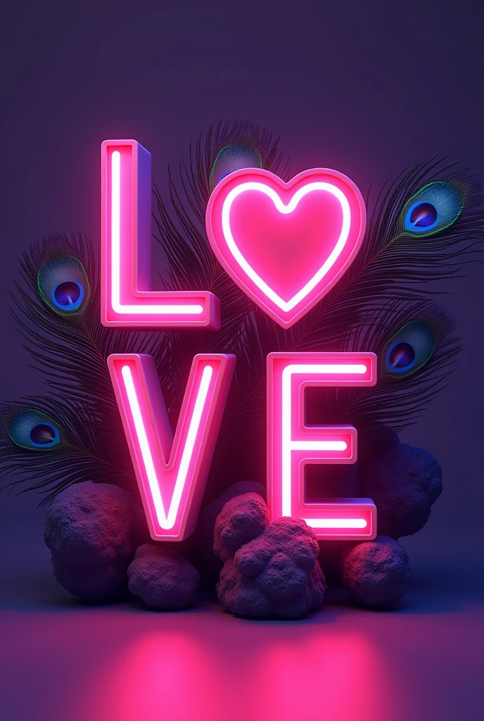 Create a realistic 3d image of "Love❤️Music" in style bold font,purple love background,neon. Capital letter. Peacock feathers on letters 
