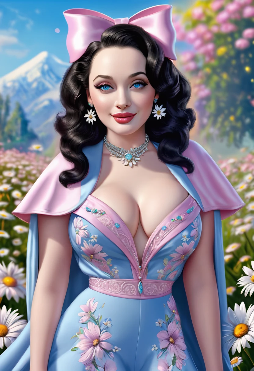 nose piercing, standing, jewelry, BABY-BLUE cloak, baby-pink jumpsuit (insanely detailed, beautiful detailed face, masterpiece, best quality), cleavage, piercing blue eyes. TWIN-TAILS. BEAUTIFUL COMBO OF Hedy Lamar AND Kat Dennings. dd-cup sized breasts. short and dainty. happy, smiling cheerful face. Skipping in a magical meadow of daisies. Magical realism. 1950s Panovision 70. 4K Ultra HD, Extreme Detail And Intricate Realism. Stunning 2D Vector Detailed clear. lifelike.