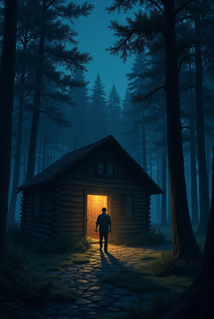 The man left the forest house at night 

