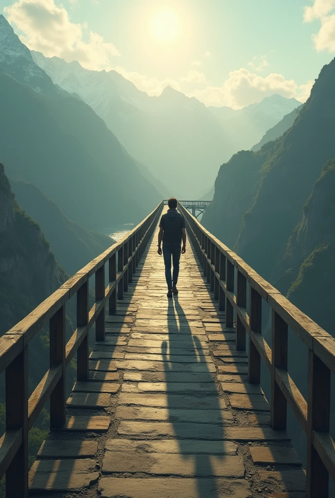 Person Walking on a Long Bridge: A person walking confidently across a long, sturdy bridge over a river or valley. The bridge represents the journey toward success, with the person’s steady walk symbolizing the power of a strong mindset guiding them through challenges.be realistic like a real life
