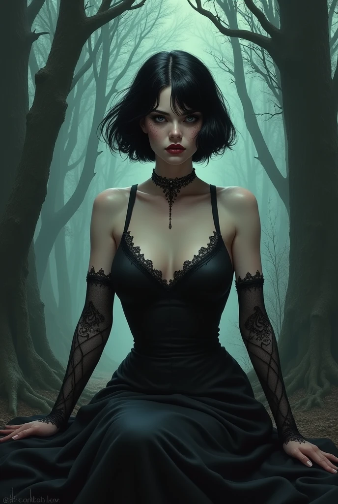 Snow White from the tale "Snow White" but with the appearance of a villain. Snow White has short hair and a black dress. Let the drawing have the design of the original story. Snow White is sitting in the forest