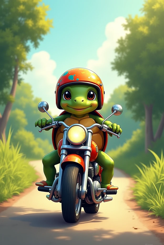 Drawing of a cute baby turtle on a motorcycle