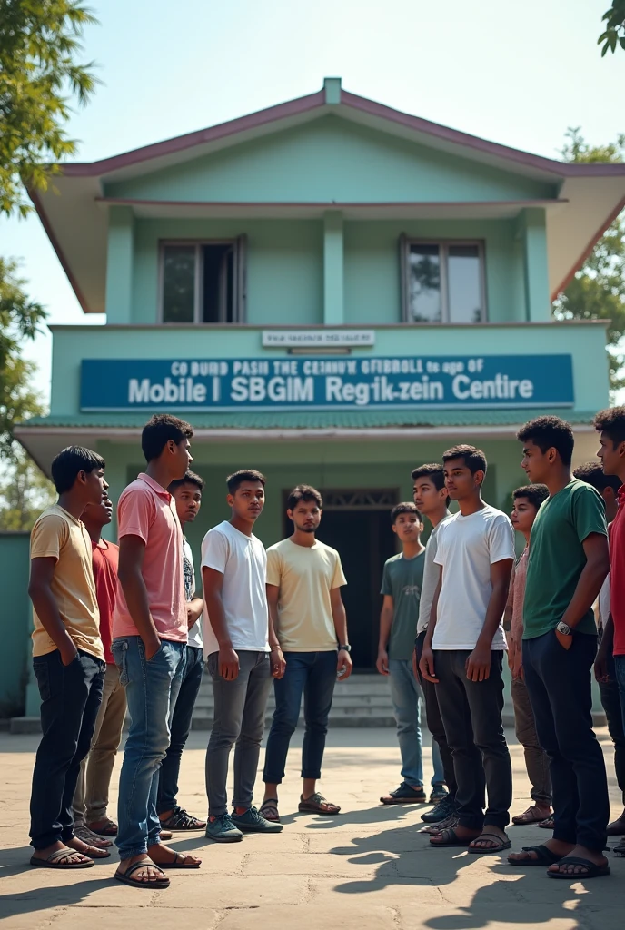 Create a hyper-realistic image of young Bangladeshi males, aged 17 to 25, outside the "SB GSM Training Centre" building. They’re registering for a mobile repairing course. The two-story building clearly displays the name "SB GSM" without errors. Capture the scene with an iPhone portrait mode style, focusing on high detail and realism.