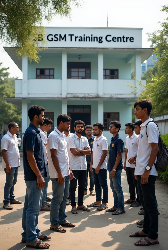 Create a hyper-realistic image of young Bangladeshi males, aged 17 to 25, outside the "SB GSM Training Centre" building. They’re registering for a mobile repairing course. The two-story building clearly displays the name "SB GSM" without errors. Capture the scene with an iPhone portrait mode style, focusing on high detail and realism.