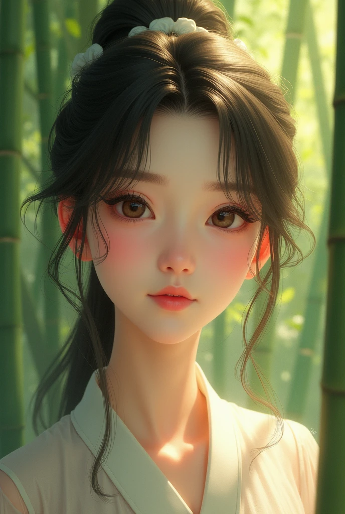 masterpiece, best quality, soft lighting, absurdres, 1girl, solo focus, skin imperfection, skindentation, perfect face, puffy face, beautiful face, big eyes, puffy eyes, perfect eyes, eyelashes, Hu Tao (genshin impact) from genshin impact, outdoor, bamboo forest, 8k, UHD, HDR, (Masterpiece:1. 5), (best quality:1. 5)