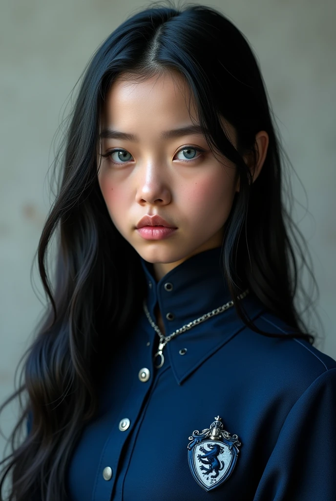 (photorealism:1.2) she has a rosy complexion, long black hair semi-loose, blue-gray eyes and she wears a Ravenclaw uniform, diamond shaped and stoic face