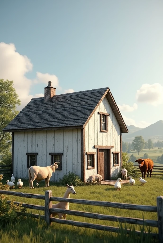 Make a old barn with a white exterior with fence to house ducks, goats and highland cows