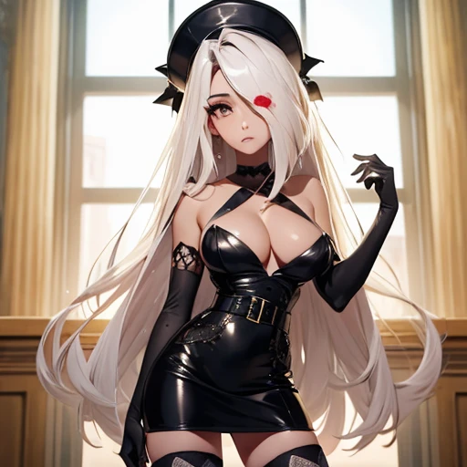 (masterpiece, best quality:1.4), absurdres, highres, ultra detailed, beautiful, (secretary), (perfect face, detailed face, beautiful:1.3),(natural breasts, cleavage), collarbone, fingerless gloves, gloves,spaghetti strap top, black pencil skirt, tight, over the knee skirt, hat, elegant secretary outfit, thighhighs, thick thighs, thighs, multiple belts, More detailed 8K.motor irreal:1.4,UHD,La mejor calidad:1.4, fotorrealista:1.4, textura de la piel:1.4, obra maestra:1.8,obra-prima, mejor calidad,objeto Objeto], (detailed face features:1.3),(manos detailed)