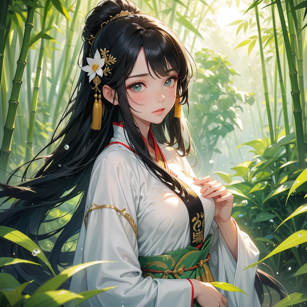 A beautiful girl with black long hair, wear white ancient chinese clothes, with the sun shining on her face, close up.

The back is a lush green bamboo forest. The air after rain has water droplets splashing around.