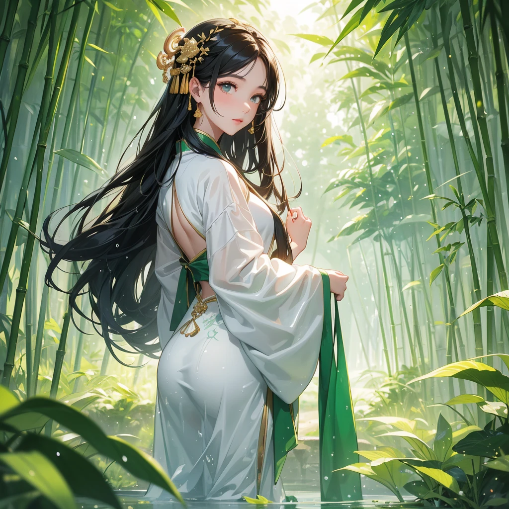 A beautiful girl with black long hair, wear white ancient chinese clothes, with the sun shining on her face, close up.

The back is a lush green bamboo forest. The air after rain has water droplets splashing around.
