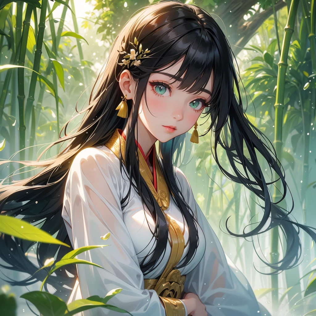 A beautiful girl with black long hair, wear white ancient chinese clothes, with the sun shining on her face, close up.
The back is a lush green bamboo forest. The air after rain has water droplets splashing around.