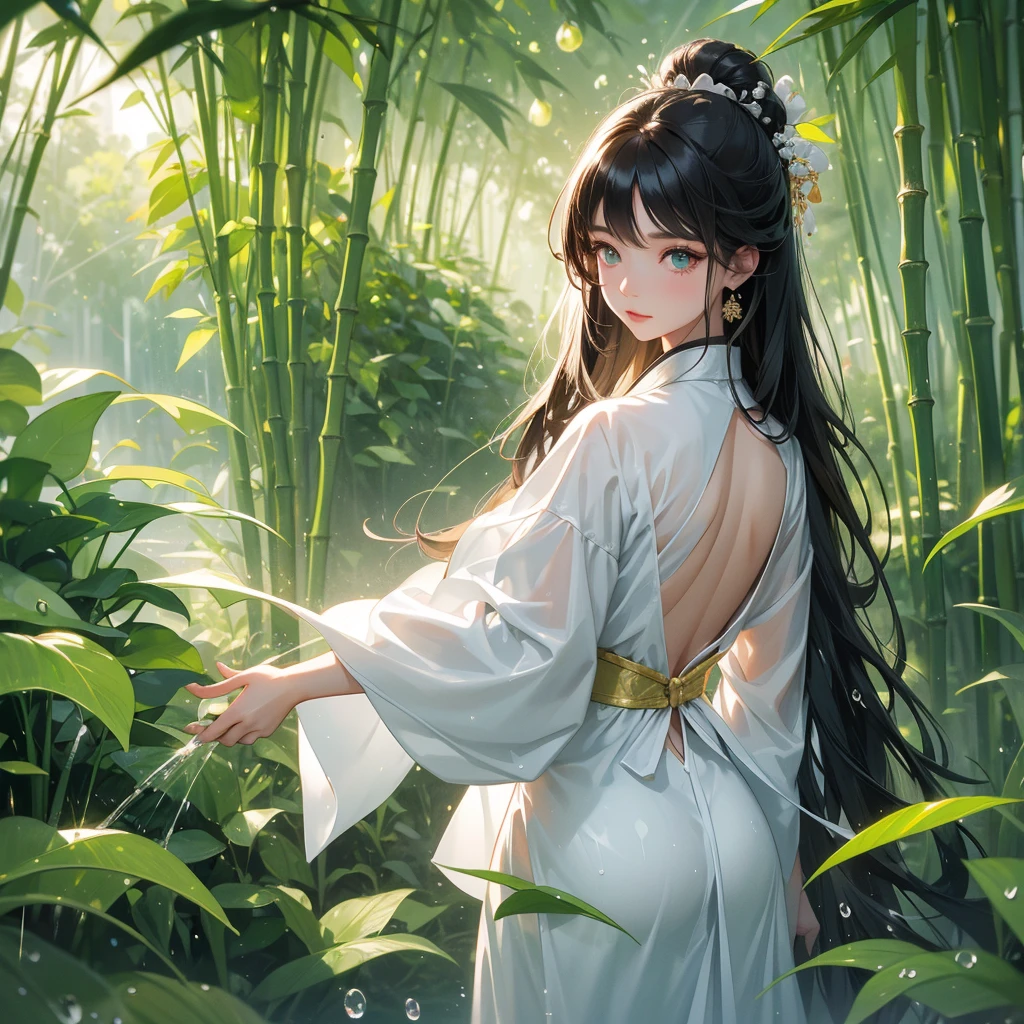 A beautiful girl with black long hair, wear white ancient chinese clothes, with the sun shining on her face, close up.
The back is a lush green bamboo forest. The air after rain has water droplets splashing around.