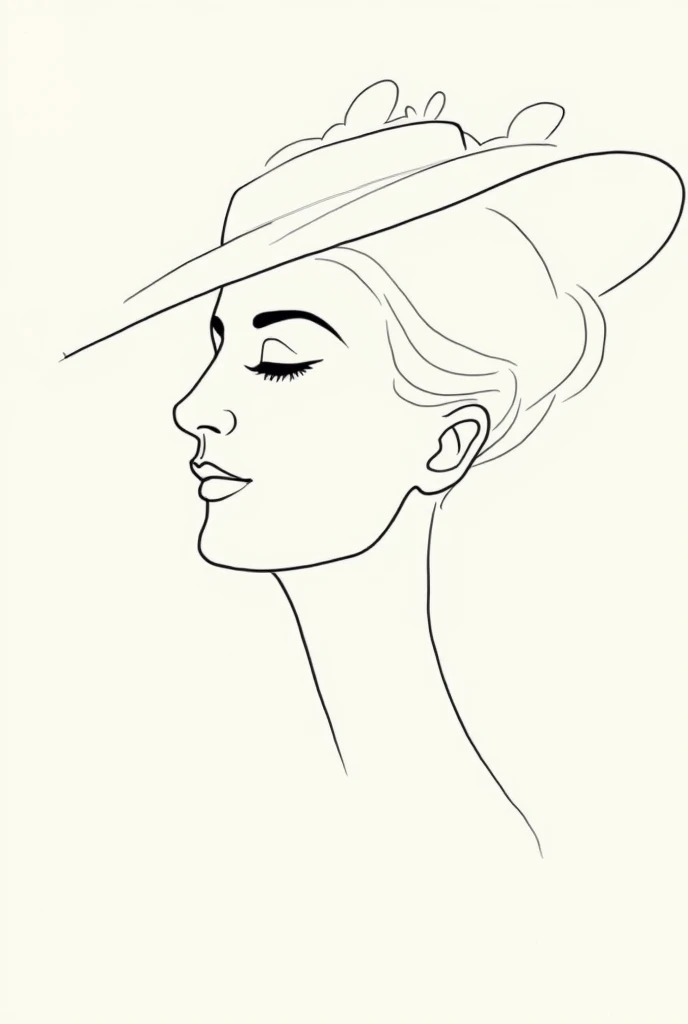 A thin line drawn continuously that takes the shape of the face of an elegant woman with a hat with a pose that shows her femininity and elegance.