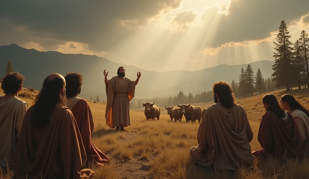 "A scene inspired by the Bible, depicting the solemn moment when Job&#39;s friends prepare to offer sacrifices in an open field. Seven bulls and seven rams are lined up majestically, while a group of men, dressed in ancient garments, kneels in worship. Ao fundo, the figure is good, with an expression of compassion and determination, Stands out, raising hands in prayer. The sky is dramatic, with dark clouds and rays of light filtering through them, symbolizing the divine presence. The environment is natural, with trees and mountains in the distance, bringing a touch of realism to the sacred scene."