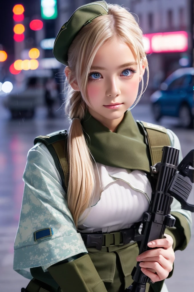 ((Highest quality)), ((masterpiece)), (detailed), high ponytail, ((Blonde)), Beautiful girl, Cute Eyes, Green eyes, False eyelashes, (((Watery eye))), (Blushed:1.3), white skin, (soldier uniform:1.4), ((bulge)), RPG-7, outside, raining, crowded city, fog, evening, neon sign,