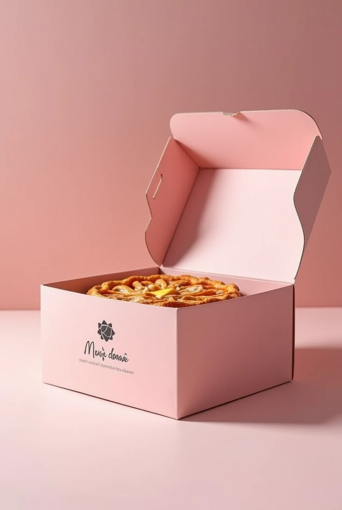 Create a square box measuring 20×20×05, pink in color, with the name Mirâe Doceria, with a lid for a pie inside, leave the lid upright at the back, using cardboard material with the pie inside, more resistant and chic cardboard packaging with the pie inside the box, don't forget