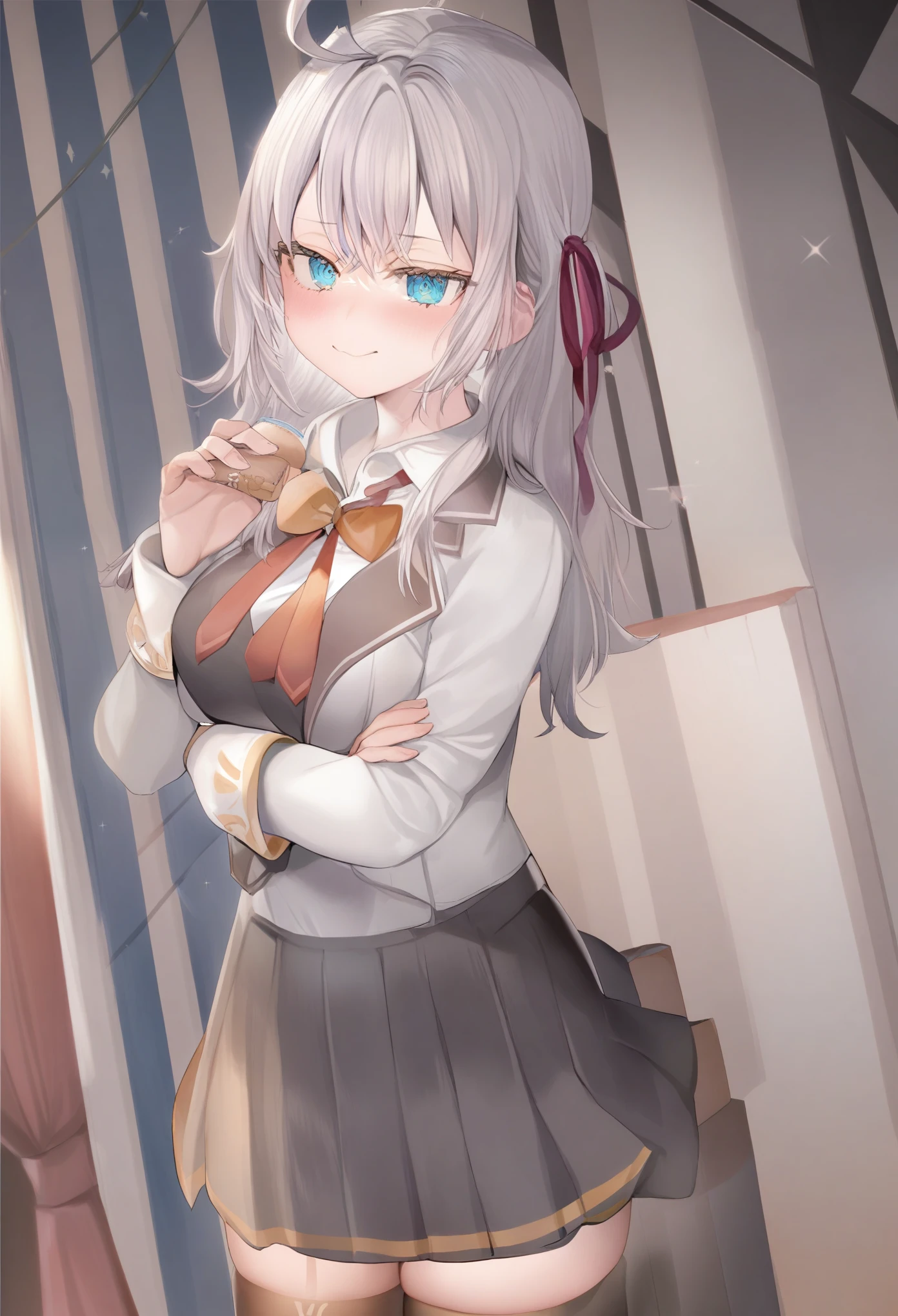 1 girl, Alisa Mikhailovna Kudzo,tokidoki bosotto roshiya-go dereru tonari no arya-san,One, long hair, eyebrows visible through the hair, hair between eyes, silver hair, hair ribbon, Blue eyes, medium breast, ,long sleeves, Jacket, mini skirt,
I look at the viewer, Dutch corner,closed mouth, one eye is closed, slight smile,
Best quality, very aesthetic, absurdity,