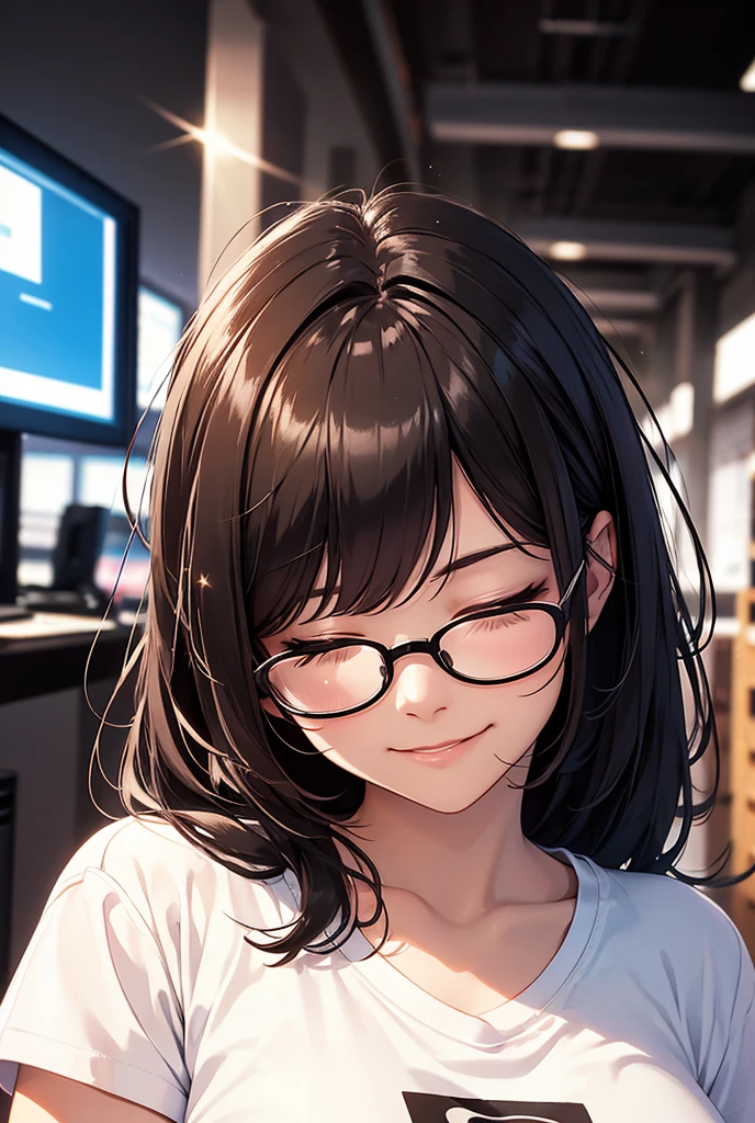 High resolution, masterpiece, Highest quality, Beautiful girl,White T-shirt,smile, Black Hair, Messy Hair,Round Glasses,Sparkle Effect, Background blur, Closed eyes,computer