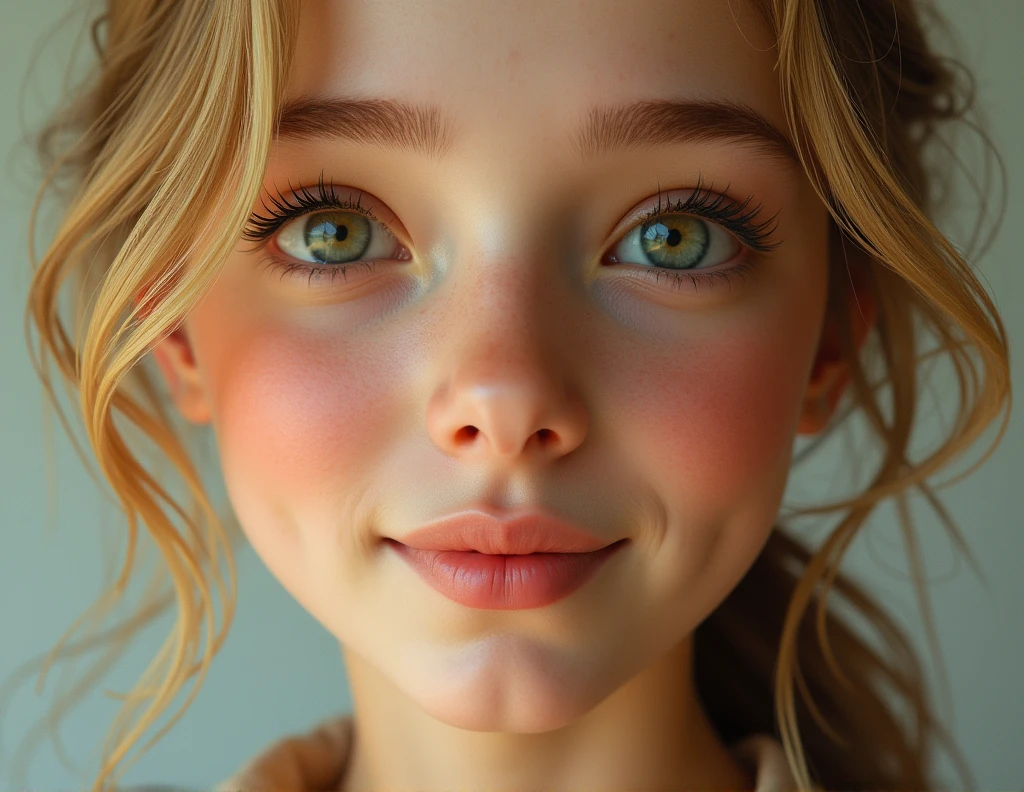 photorealistic, girl 2, honey blondy hair, green dark eyes, beautifull smile, detail face, headshot