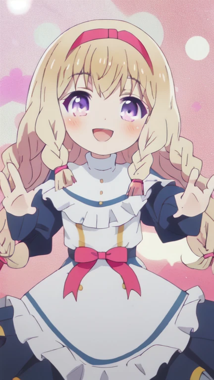 best quality, highres, solo, {noire_foschurose_kumakumakumabear:1.15}, blonde_hair, long_hair, braid, bow, hair_bow, bangs, twin_braids, purple_eyes, smile, blush, open_mouth, 1girl, parody,pretty made dress, hairband