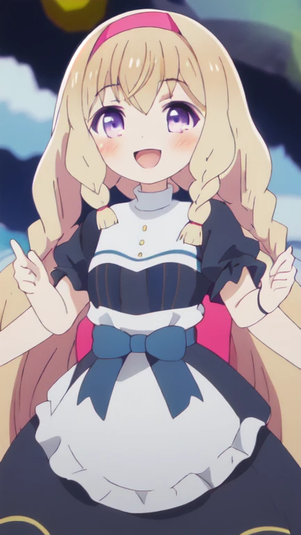 best quality, highres, solo, {noire_foschurose_kumakumakumabear:1.15}, blonde_hair, long_hair, braid, bow, hair_bow, bangs, twin_braids, purple_eyes, smile, blush, open_mouth, 1girl, parody,pretty made dress, hairband