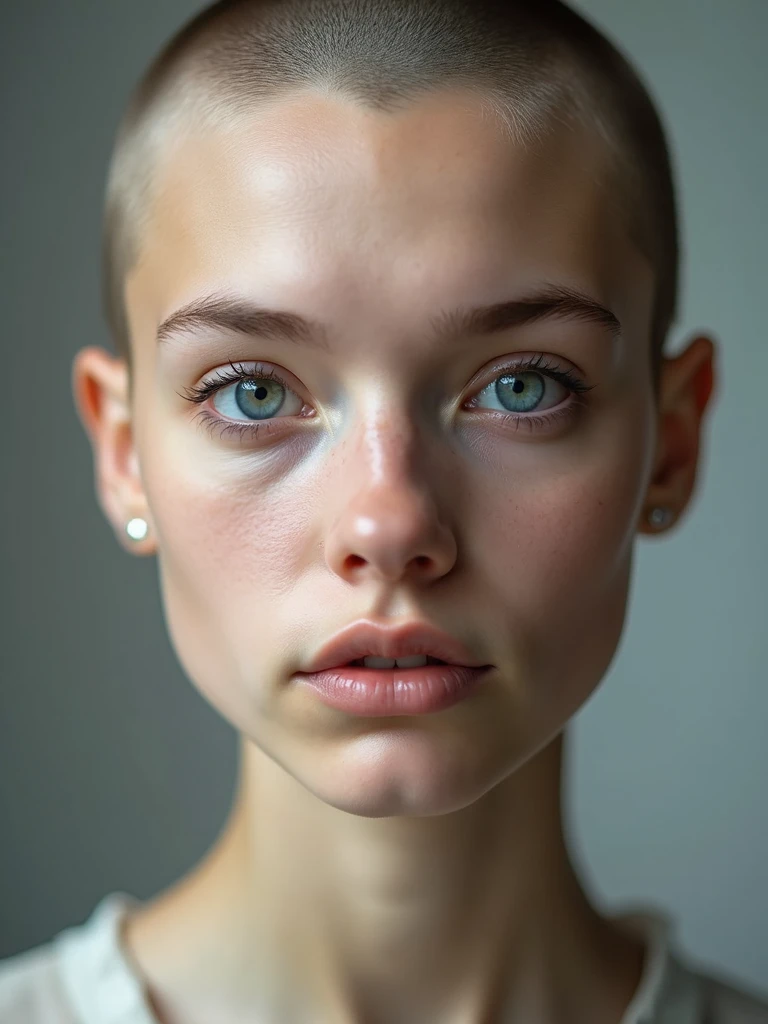bald girl, close up, no make up, natural beauty, studio portrait, even light, detailed skin, blue eyes, shaved head