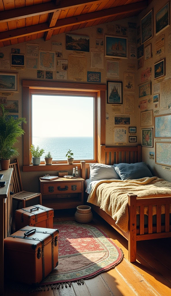 "A bedroom in a traveler’s retreat, with walls adorned with maps, postcards, and souvenirs from around the world. The bed is surrounded by open suitcases, ready for the next adventure. The large window opens to a view of a distant horizon, with the promise of new experiences and destinations just beyond the glass, capturing the essence of a life always on the move."
