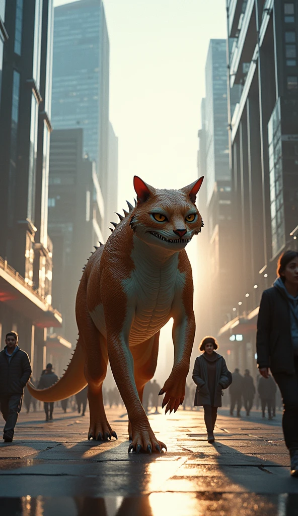 Hyper-detailed fantasy illustration of a cat with a crocodile head, walking like a human in the middle of a futuristic city with towering, ultra-modern buildings. The scene is set in the afternoon, with vibrant sunlight reflecting off glass surfaces, casting intricate shadows. People are walking by, some pausing to stare in shock. The art style is a combination of photorealism and fantasy, with inspirations from H.R. Giger and Syd Mead. The image is rendered in 8K resolution with Unreal Engine, utilizing volumetric light, sharp focus, and a wide-angle lens for a dynamic, immersive view.
