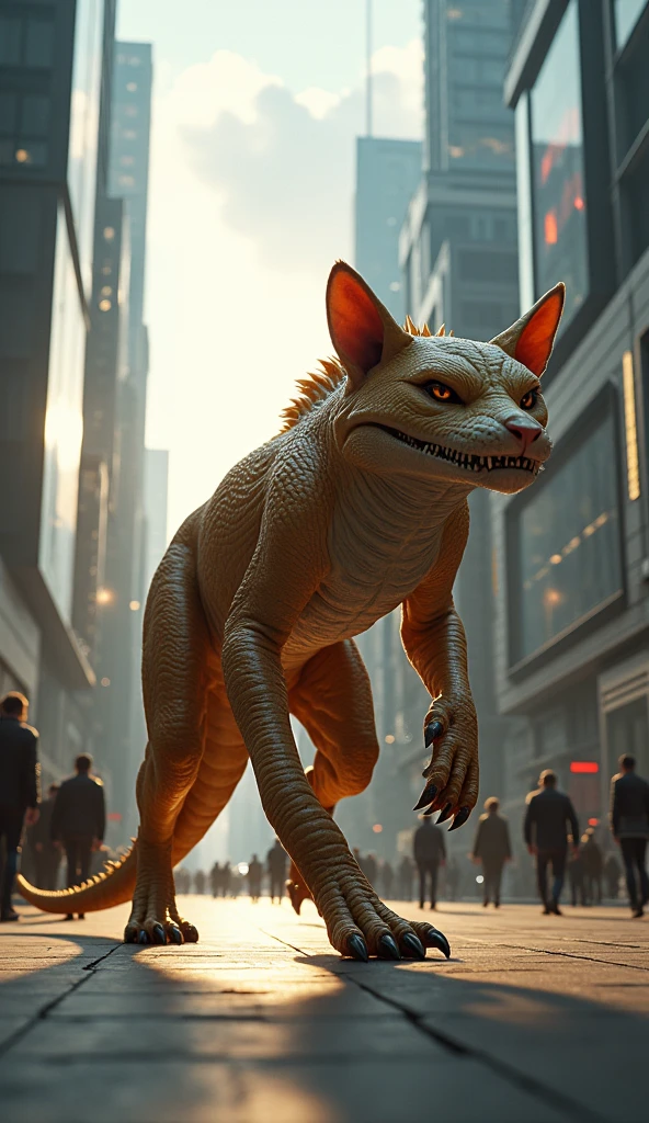 Hyper-detailed fantasy illustration of a cat with a crocodile head, walking like a human in the middle of a futuristic city with towering, ultra-modern buildings. The scene is set in the afternoon, with vibrant sunlight reflecting off glass surfaces, casting intricate shadows. People are walking by, some pausing to stare in shock. The art style is a combination of photorealism and fantasy, with inspirations from H.R. Giger and Syd Mead. The image is rendered in 8K resolution with Unreal Engine, utilizing volumetric light, sharp focus, and a wide-angle lens for a dynamic, immersive view.