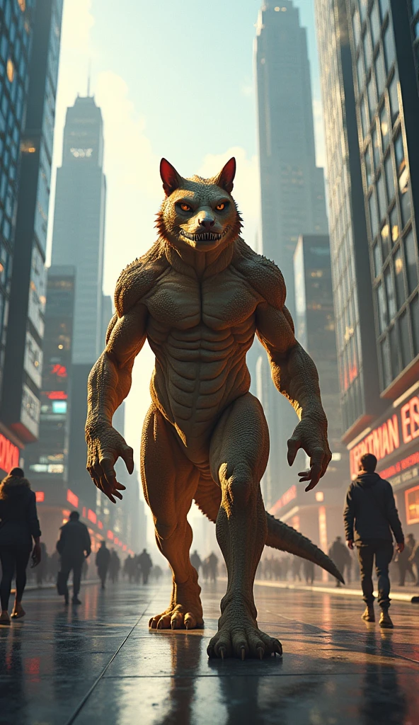 Hyper-detailed fantasy illustration of a cat with a crocodile head, walking like a human in the middle of a futuristic city with towering, ultra-modern buildings. The scene is set in the afternoon, with vibrant sunlight reflecting off glass surfaces, casting intricate shadows. People are walking by, some pausing to stare in shock. The art style is a combination of photorealism and fantasy, with inspirations from H.R. Giger and Syd Mead. The image is rendered in 8K resolution with Unreal Engine, utilizing volumetric light, sharp focus, and a wide-angle lens for a dynamic, immersive view.