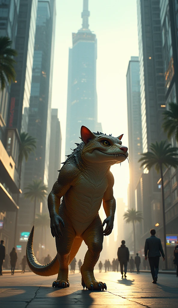 Hyper-detailed fantasy illustration of a cat with a crocodile head, walking like a human in the middle of a futuristic city with towering, ultra-modern buildings. The scene is set in the afternoon, with vibrant sunlight reflecting off glass surfaces, casting intricate shadows. People are walking by, some pausing to stare in shock. The art style is a combination of photorealism and fantasy, with inspirations from H.R. Giger and Syd Mead. The image is rendered in 8K resolution with Unreal Engine, utilizing volumetric light, sharp focus, and a wide-angle lens for a dynamic, immersive view.