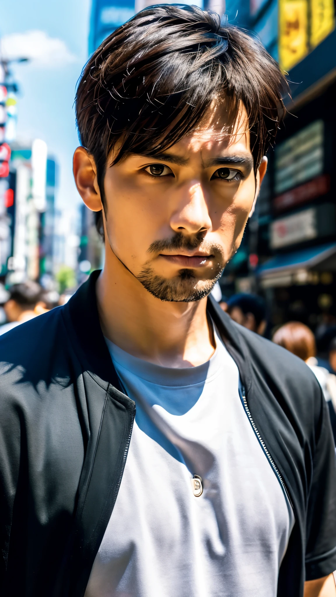 Photorealistic, 8K full-body poster, Handsome man, Japanese, 1 male, Serious expression, Sharp Eyes, Attractive look, Detailed facial details, Tokyo, summer, T-Shirts, Shibuya in the background