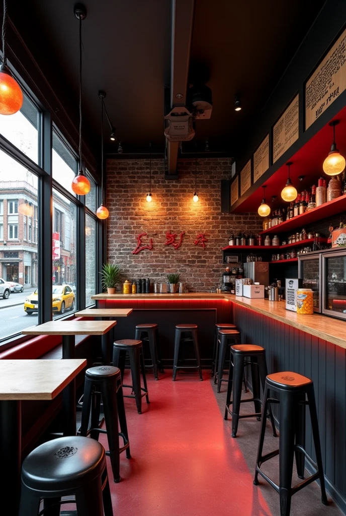 Burger and kebab shop with simple black and red decor