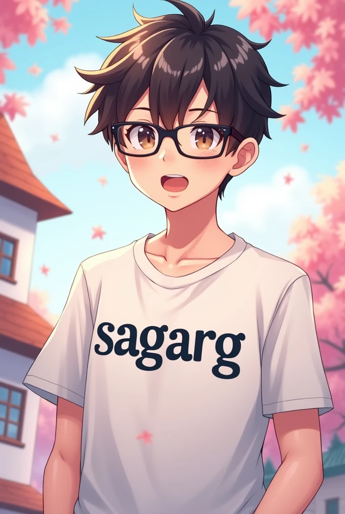 A handsome boy wearing glasses and white shirt written SagarG on it. The text written on shirt should be the in the same way as i mentioned. Photo should be art like anime