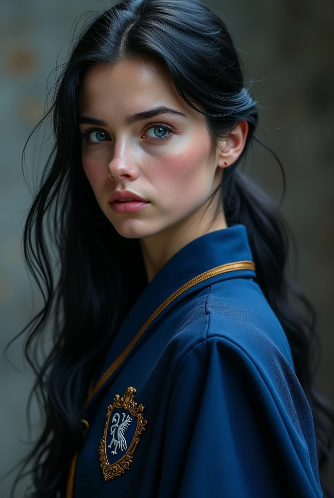 (Photorealism:1.2) she has a rosy complexion, de longs cheveux noirs semi-attachés, des yeux bleu-gris et elle porte un uniforme serdaigle, diamond shaped and stoic face
