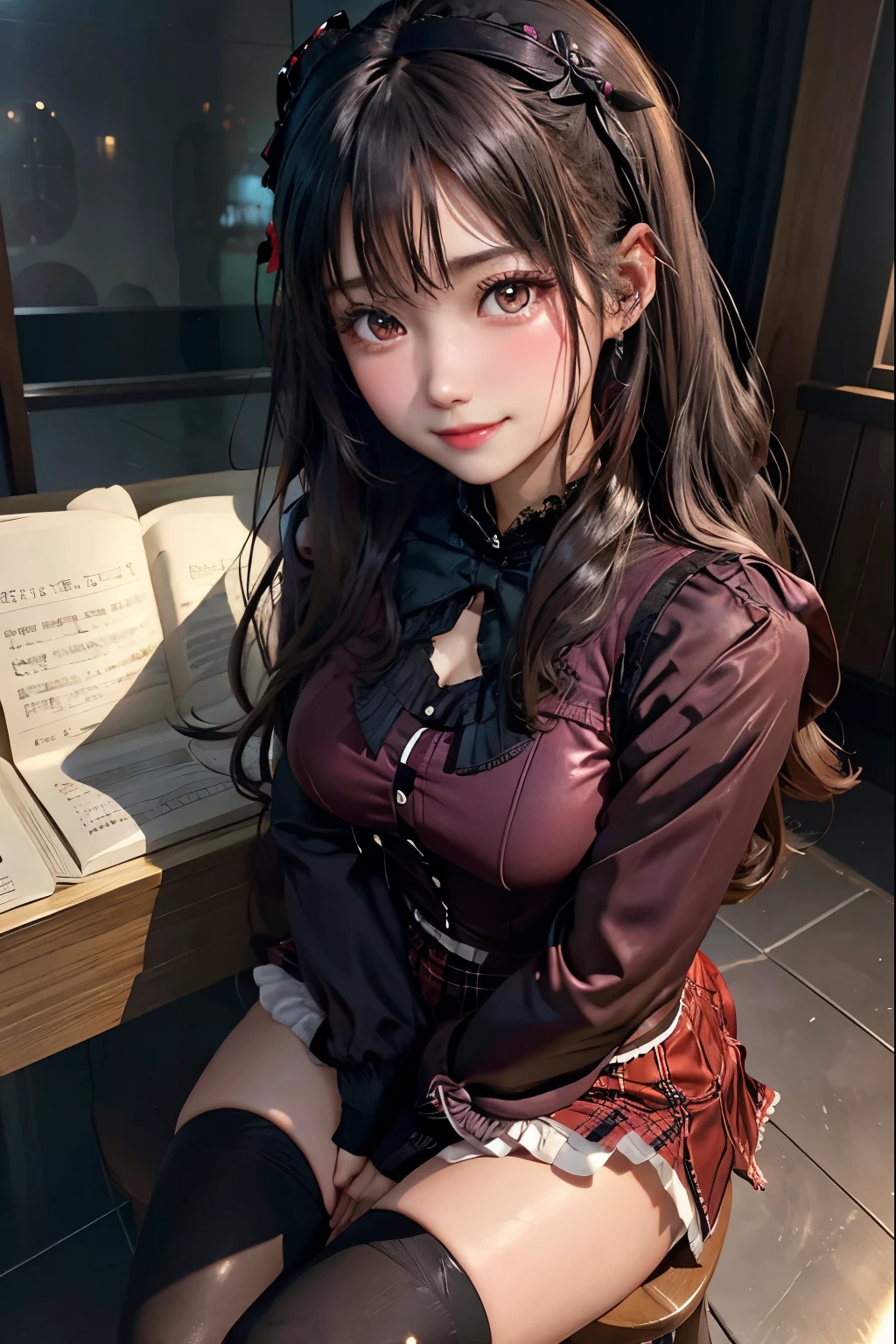 high school girlブレザー、high school girl、Red checked skirt、JK Style、Jacket、smile、garter、Knee socks、Panty stocking、Otherworldly beauty、Really cute、boredom、Extraordinary beauty、Dark black eyeshadow、sorrow、Good skin radiance、Long Hair Straight Hair、Dark Gothic Makeup、暗いsmile、Beautiful woman、Stained Glass Background、On the table、Highest quality、5 reference books、Sweat glistens on my chest、Sweat glistens on my face、Thigh sweat、sweating、Black frill East size Regular size、Dark pink hair、、Sweat on your thighs、Sweat a lot and become sticky。、My thighs are sticky and shiny、Sweating on thighs and chest、Small breasts、Slightly slim、Sweating all over the body、play piano、sit and play an instrument、Thin legs、Two people、Lesbian couple、hug、私の女友達はReally cute顔をしている、My female friend has a very beautiful face.、Do lesbian play、Super straight hair、Extremely fair skin、