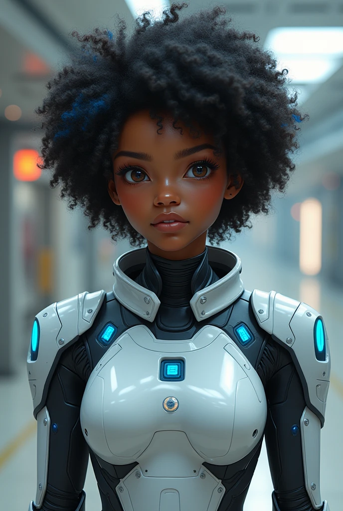Chubby 20 year old girl, dark brown skin, Brown eyes, short afro black hair with a blue and grey robot suit,